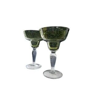Two Hand Blown Mexican Green Margarita Glasses With Clear Stems Bubbled
